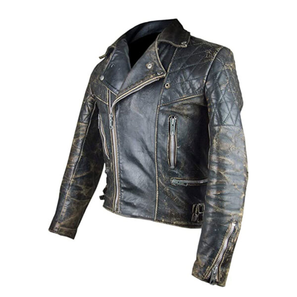 Men Biker Vintage Brando Leather Jacket With Golden Dust - Image 3