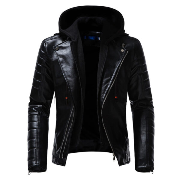 Men Black Biker Hooded Quilted Leather Jacket