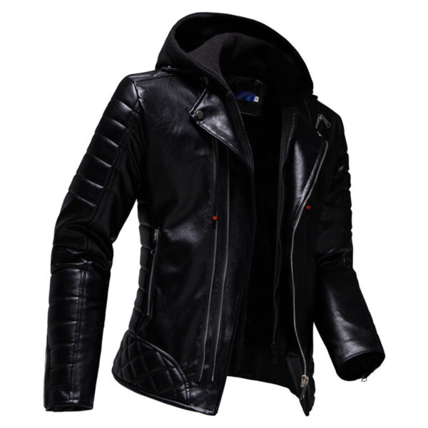 Men Black Biker Hooded Quilted Leather Jacket - Image 2