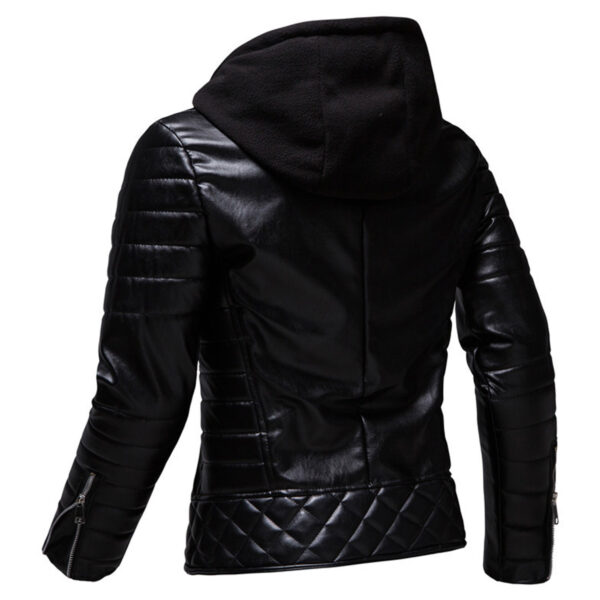 Men Black Biker Hooded Quilted Leather Jacket - Image 3