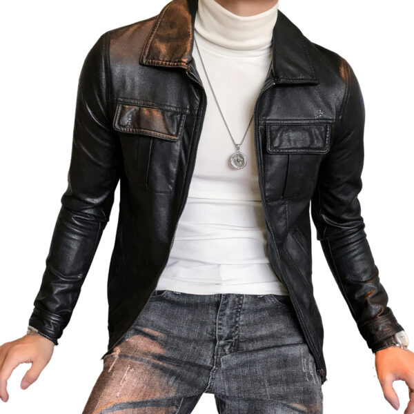 Men Black Biker Sheepskin Leather Jacket