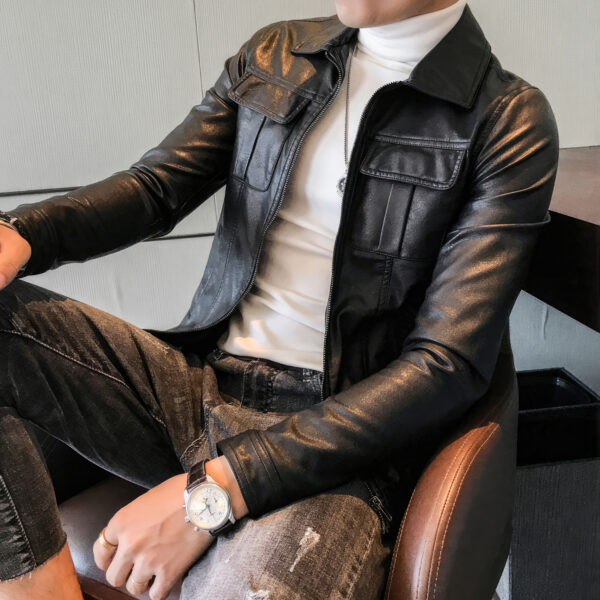 Men Black Biker Sheepskin Leather Jacket - Image 4