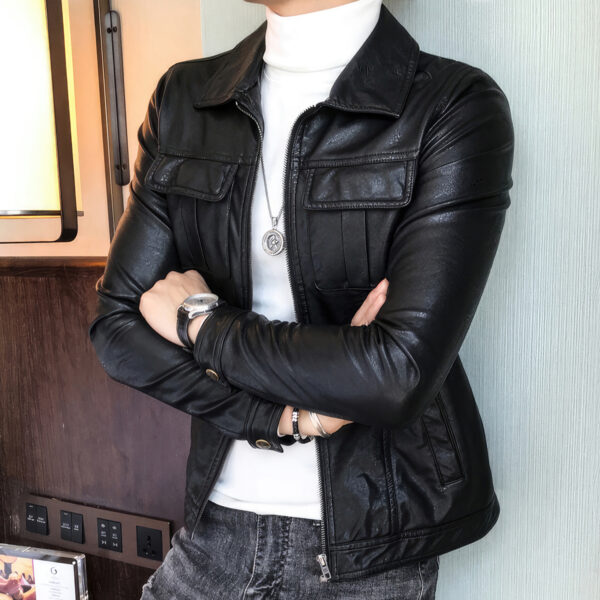 Men Black Biker Sheepskin Leather Jacket - Image 5