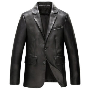 Men Black Lapel Collar Business Office Leather Blazer Jacket