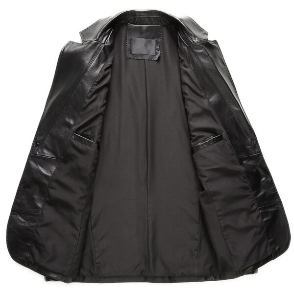 Men Black Lapel Collar Business Office Leather Blazer Jacket - Image 2