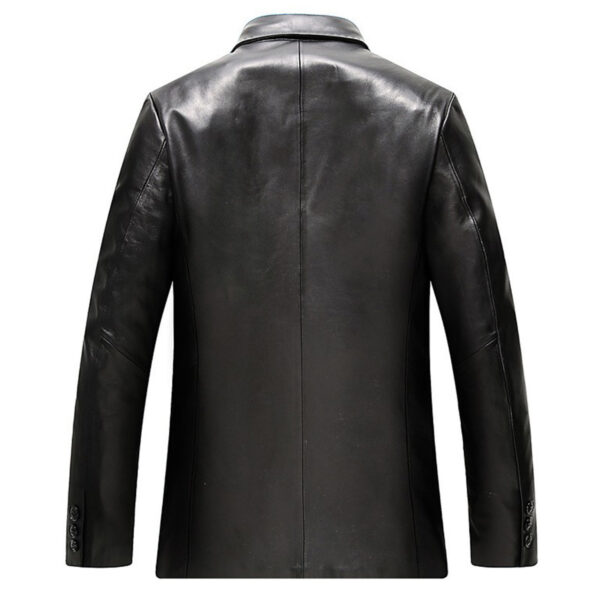 Men Black Lapel Collar Business Office Leather Blazer Jacket - Image 3