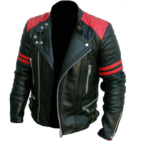 Men Brando Quilted Biker Black with Red Stripes Leather Jacket