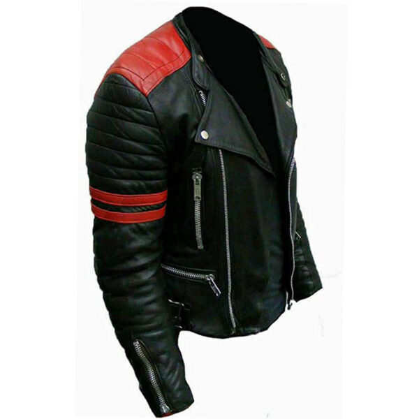 Men Brando Quilted Biker Black with Red Stripes Leather Jacket - Image 2