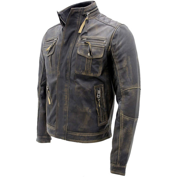 Men Vintage Multi Zippers Pockets Leather Biker Jacket - Image 2