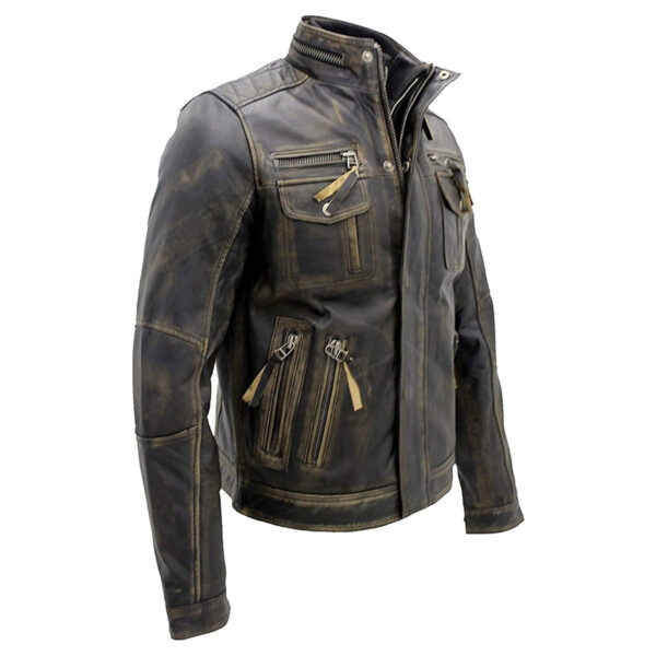 Men Vintage Multi Zippers Pockets Leather Biker Jacket - Image 3