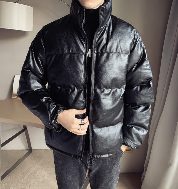 Black Stand Collar Winter Baggy Style Padded Puffer Leather Jacket - Image 4