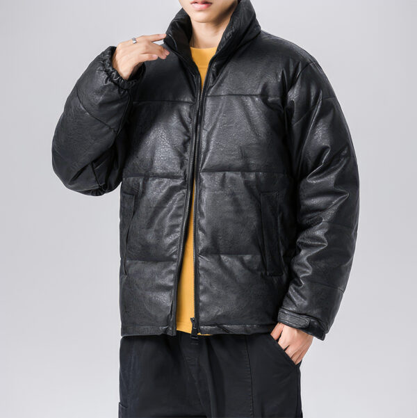 Black Stand Collar Winter Baggy Style Padded Puffer Leather Jacket