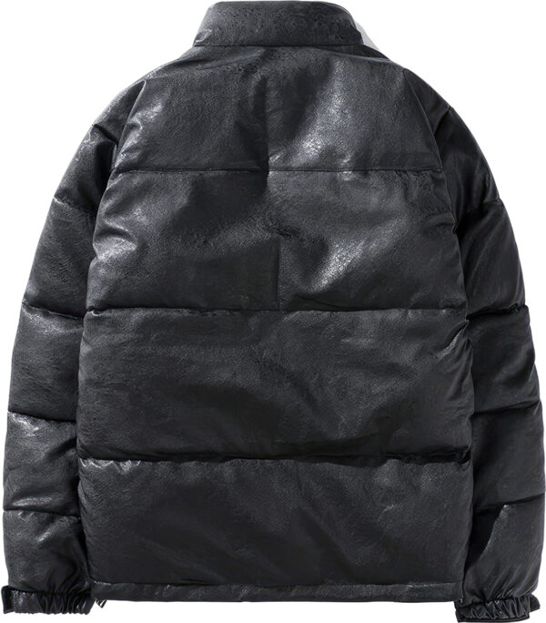 Black Stand Collar Winter Baggy Style Padded Puffer Leather Jacket - Image 2