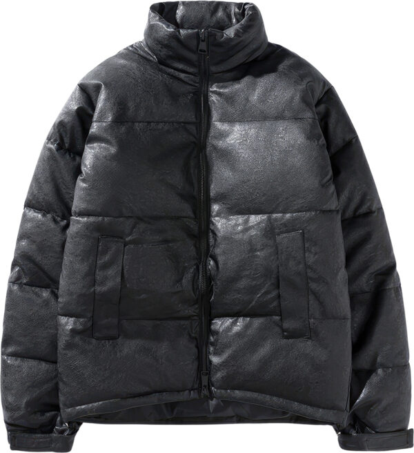 Black Stand Collar Winter Baggy Style Padded Puffer Leather Jacket - Image 3