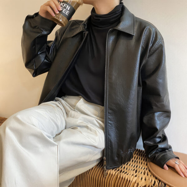 Men's Black Shirt Collar Oversized Korean Leather Jacket - Image 10
