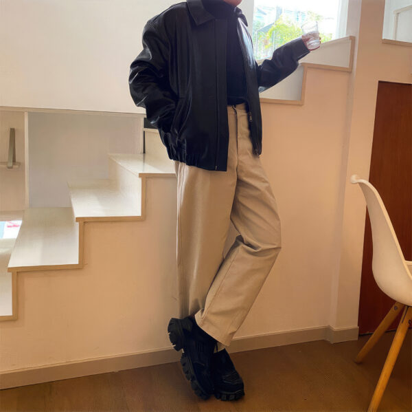 Men's Black Shirt Collar Oversized Korean Leather Jacket - Image 2