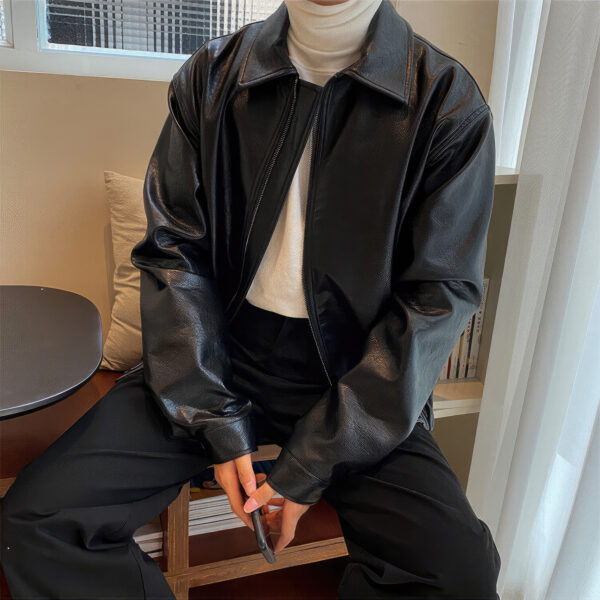 Men's Black Shirt Collar Oversized Korean Leather Jacket - Image 4