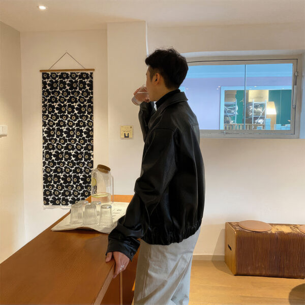 Men's Black Shirt Collar Oversized Korean Leather Jacket - Image 5