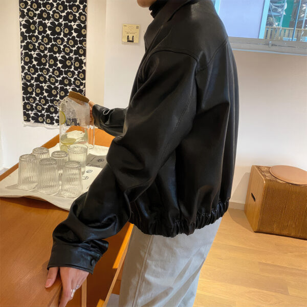 Men's Black Shirt Collar Oversized Korean Leather Jacket - Image 7