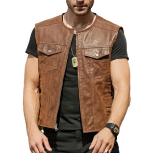 Men's Moto Biker Sporty Leather Waistcoat