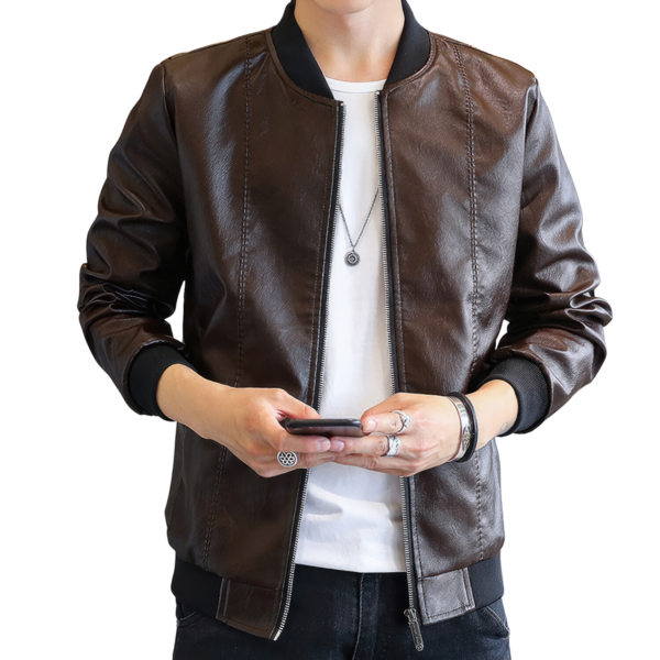 Men's Rib Knit Collar Bomber Leather Jacket