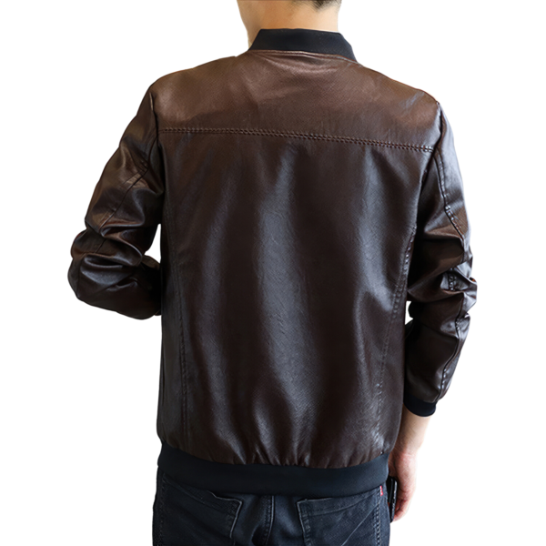 Men's Rib Knit Collar Bomber Leather Jacket - Image 2