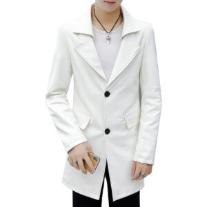 Men's White Biker England Style Leather Trench Coat