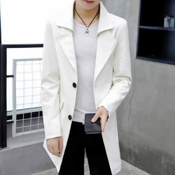 Men's White Biker England Style Leather Trench Coat - Image 4