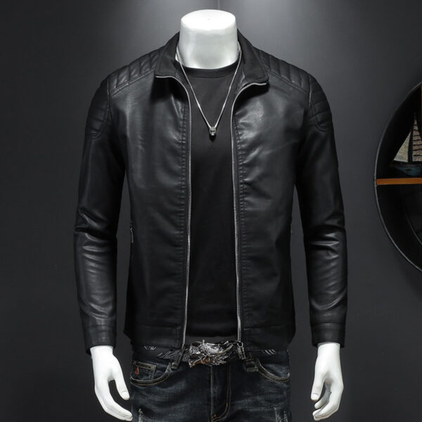 Motorcycle Rider Quilted Shoulders Korean Style Leather Jacket - Image 3