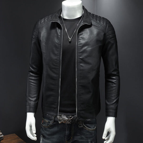 Motorcycle Rider Quilted Shoulders Korean Style Leather Jacket - Image 4