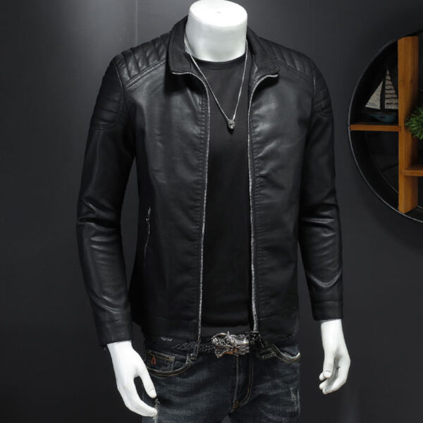 Motorcycle Rider Quilted Shoulders Korean Style Leather Jacket - Image 5