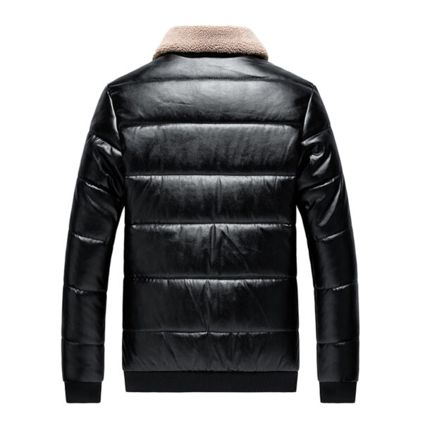 Padded Turn-Down Collar Casual Puffer Leather Jacket - Image 2