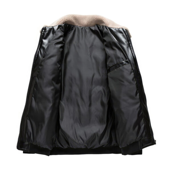 Padded Turn-Down Collar Casual Puffer Leather Jacket - Image 3