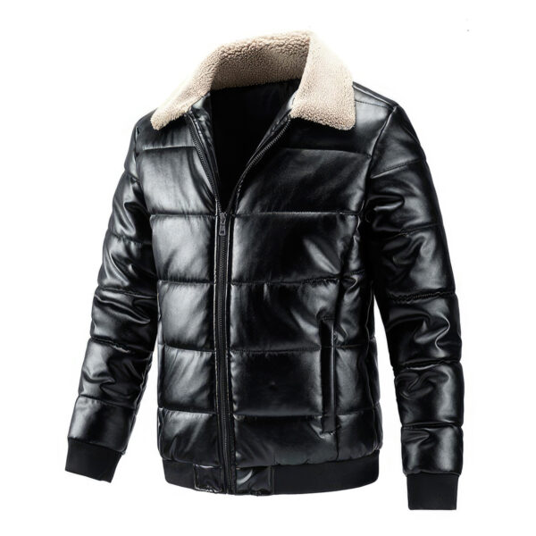 Padded Turn-Down Collar Casual Puffer Leather Jacket - Image 4