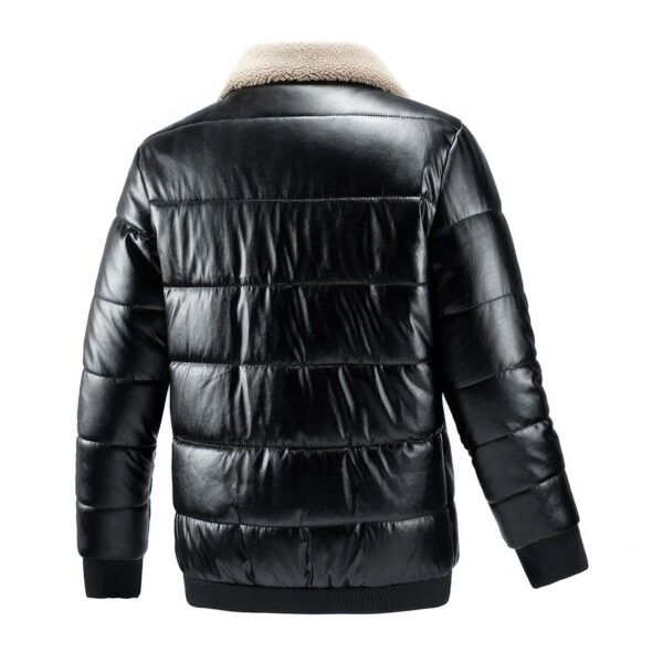 Padded Turn-Down Collar Casual Puffer Leather Jacket - Image 5