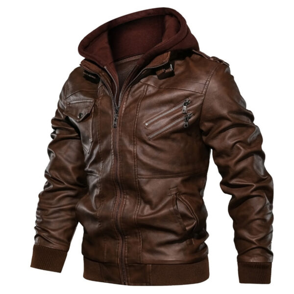 Pilot Brown Moto Biker Hooded Bomber Leather Jacket - Image 2