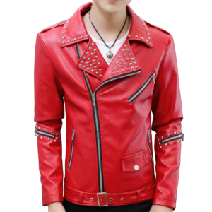 Red Biker Studded Sporty Leather Jacket