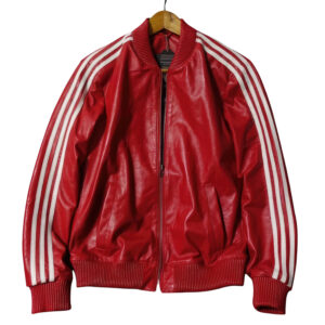 Red Bomber Baseball Rib Knit Collar Striped Leather Jacket