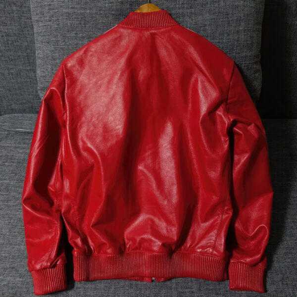 Red Bomber Baseball Rib Knit Collar Striped Leather Jacket - Image 3