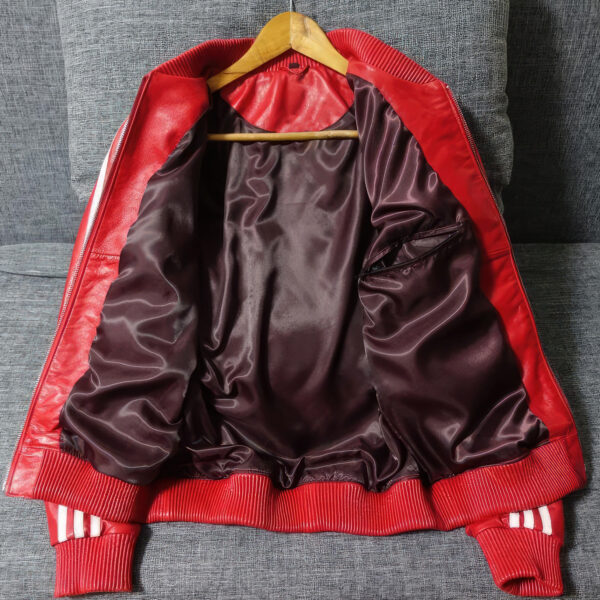 Red Bomber Baseball Rib Knit Collar Striped Leather Jacket - Image 2