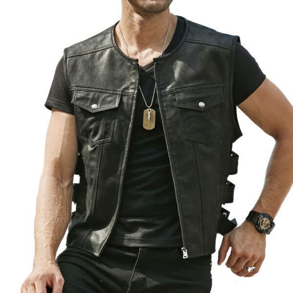 Side Adjustment Strap Sporty Vest Leather Waistcoat