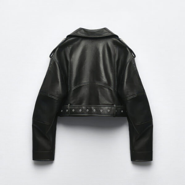 Genuine Sheepskin Biker Lapel Collar Streetwear Loose Asymmetric Leather Jacket - Image 2