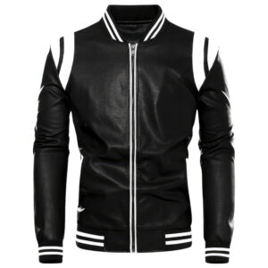 Stripes Rib Knit Bomber Sporty Rider Leather Jacket