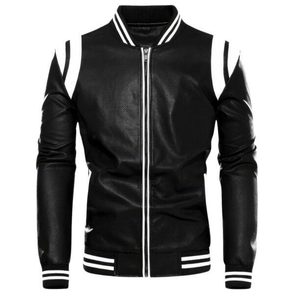Stripes Rib Knit Bomber Sporty Rider Leather Jacket