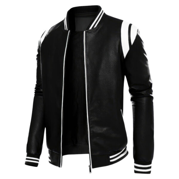 Stripes Rib Knit Bomber Sporty Rider Leather Jacket - Image 3