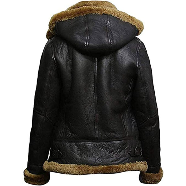 Women Aviator Shearling Leather Jacket With Removable Hood - Image 3