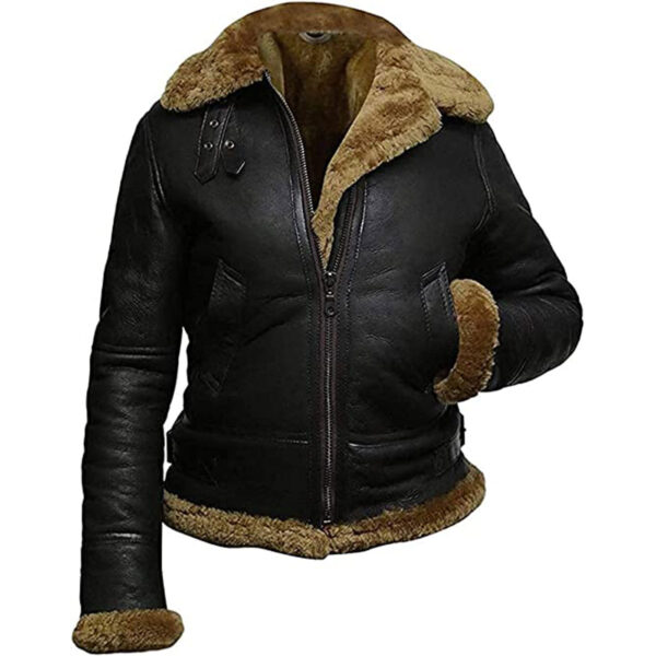 Women Aviator Shearling Leather Jacket With Removable Hood - Image 2