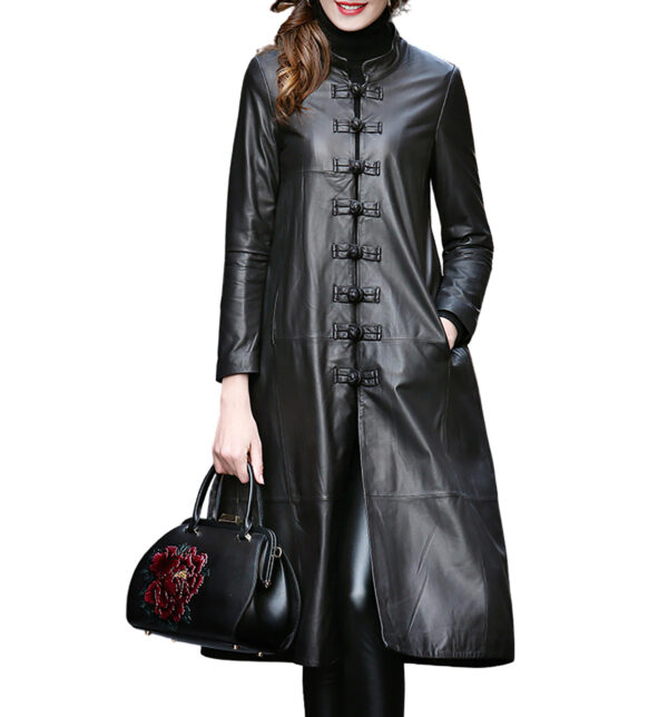 Genuine Sheepskin Mandarin Collar Long Chinese Style Leather Coat