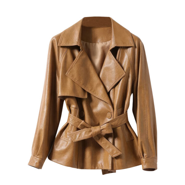 Genuine Sheepskin Lapel Collar Casual Belted Autumn Spring Leather Jacket