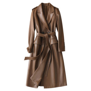 Genuine Sheepskin Belted Long Casual Leather Trench Coat